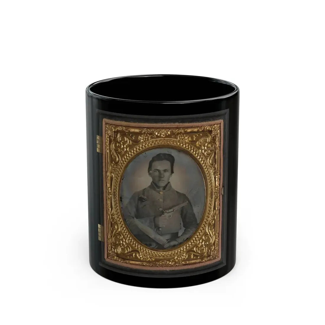 Soldier Named E.F. Powell In Confederate Uniform With Bowie Knife And Revolver (U.S. Civil War) Black Coffee Mug 11oz - Go Mug Yourself