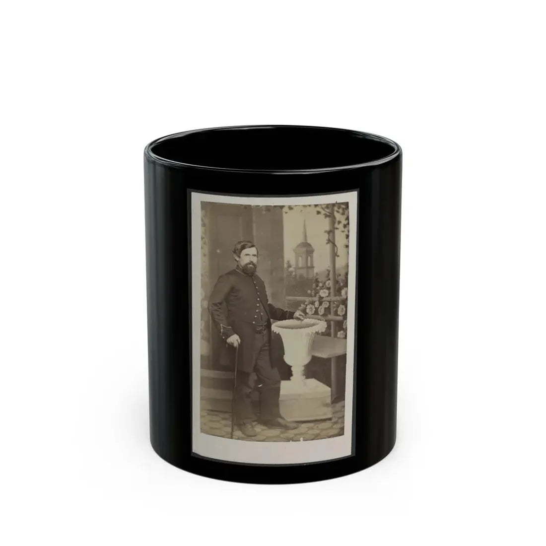 Soldier Named Russell In Uniform With Cane And Prop In Front Of Painted Backdrop (U.S. Civil War) Black Coffee Mug 11oz - Go Mug Yourself