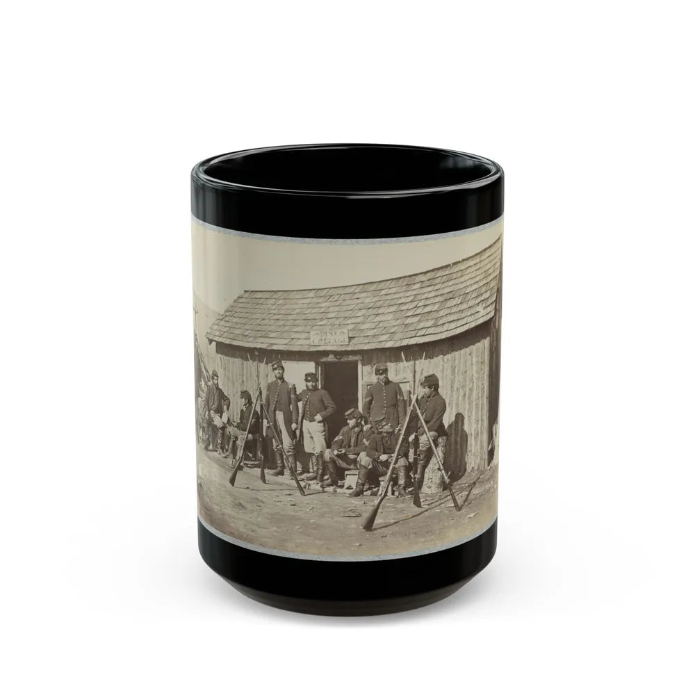 Soldiers Outside A Log Cabin Winter Quarters, Identified As Pine Cottage (U.S. Civil War) Black Coffee Mug-15oz-Go Mug Yourself