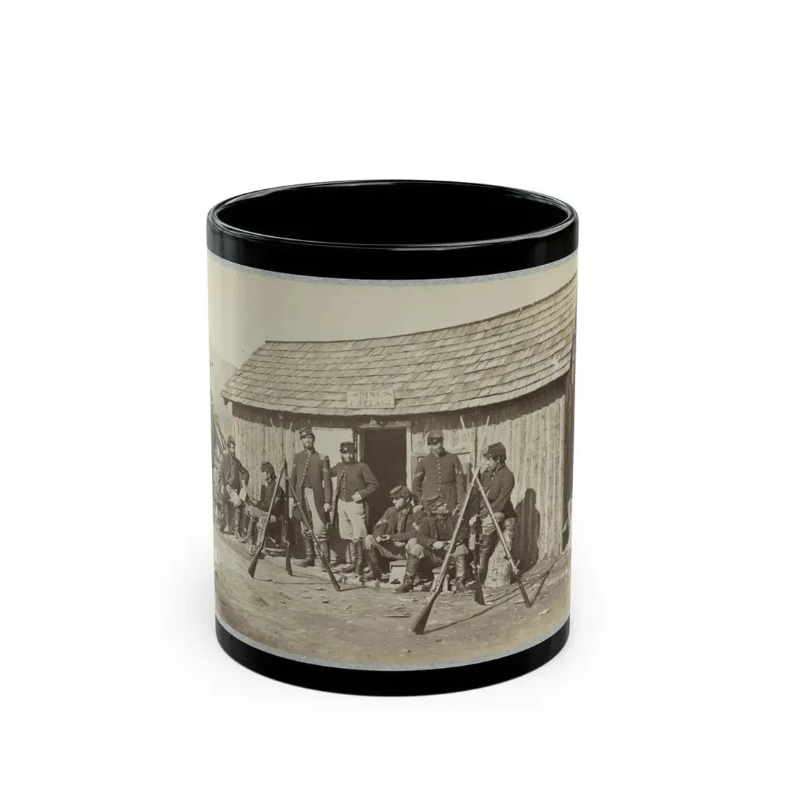 Soldiers Outside A Log Cabin Winter Quarters, Identified As Pine Cottage (U.S. Civil War) Black Coffee Mug 11oz - Go Mug Yourself