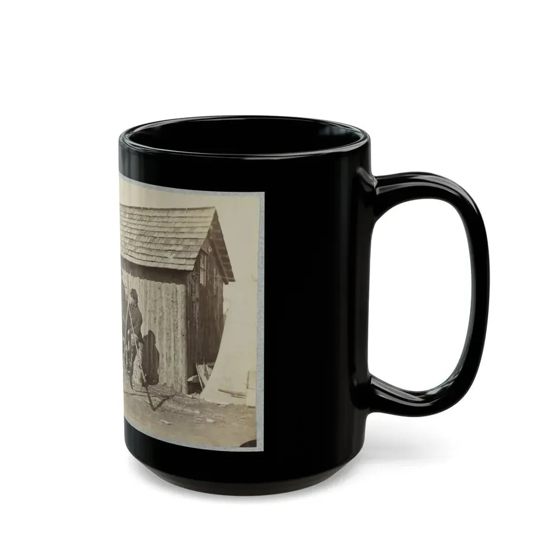 Soldiers Outside A Log Cabin Winter Quarters, Identified As Pine Cottage (U.S. Civil War) Black Coffee Mug - Go Mug Yourself