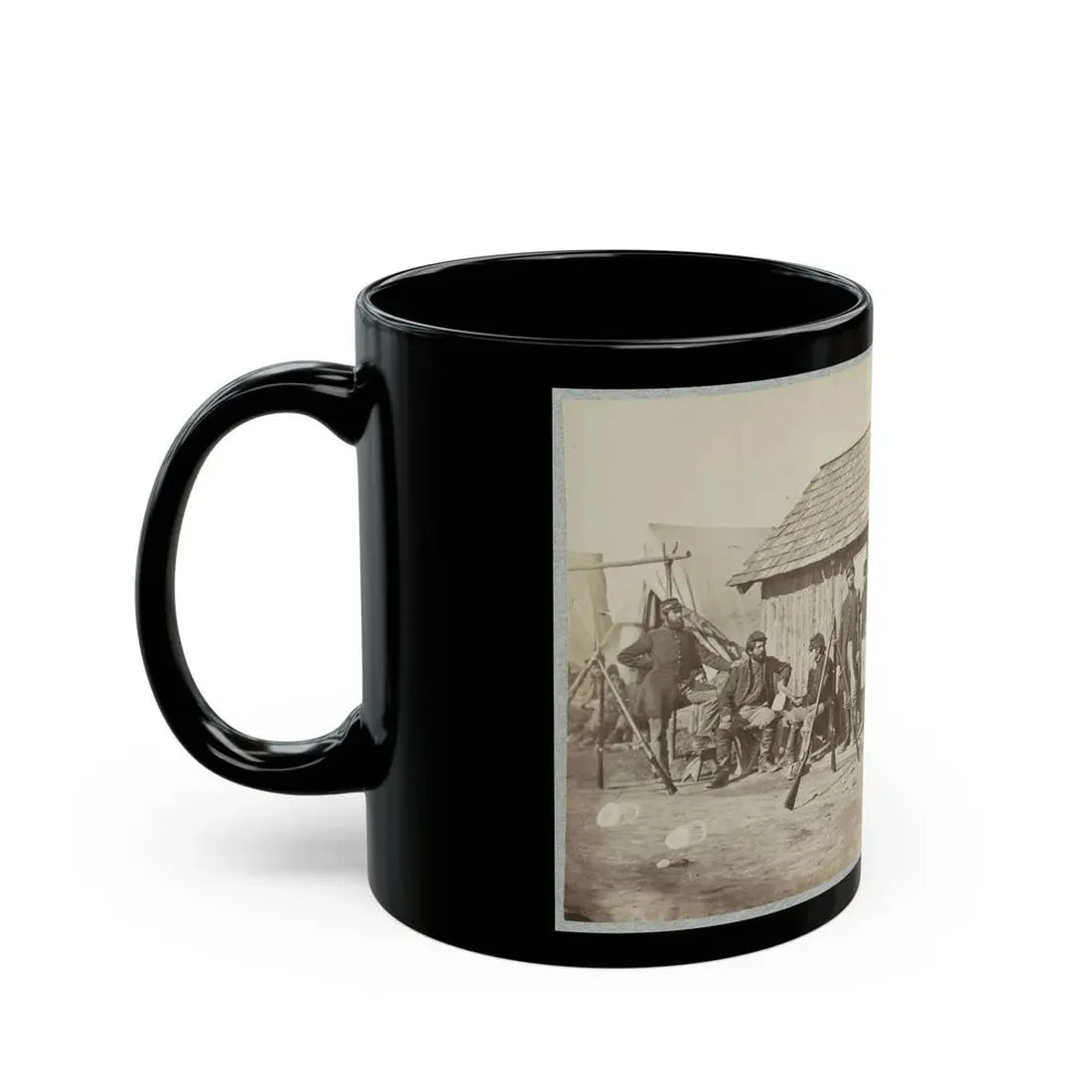 Soldiers Outside A Log Cabin Winter Quarters, Identified As Pine Cottage (U.S. Civil War) Black Coffee Mug - Go Mug Yourself