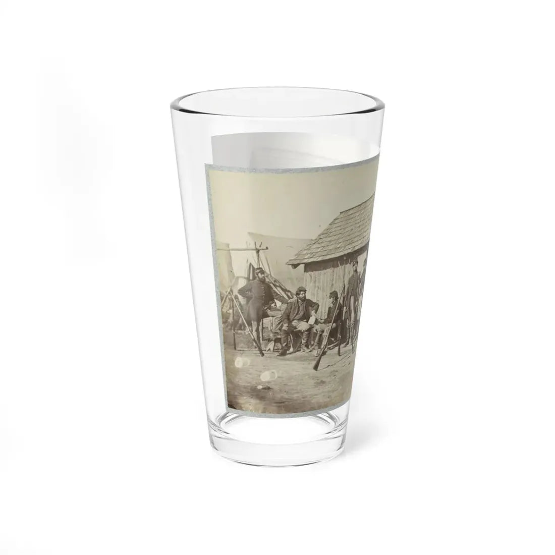 Soldiers Outside A Log Cabin Winter Quarters, Identified As Pine Cottage (U.S. Civil War) Pint Glass 16oz - Go Mug Yourself