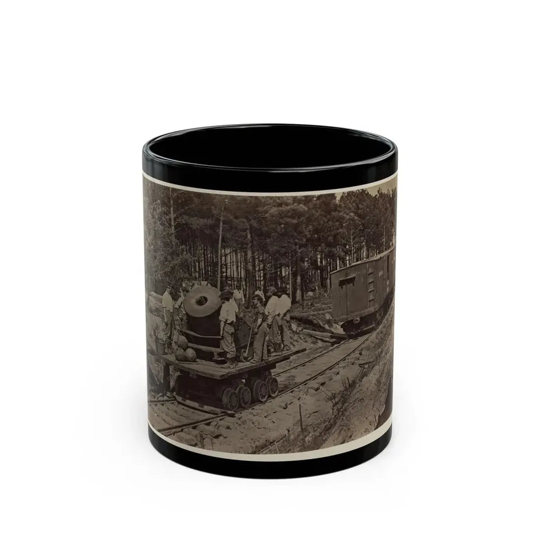 Soldiers With Cannon On Small Railroad Car (U.S. Civil War) Black Coffee Mug 11oz - Go Mug Yourself