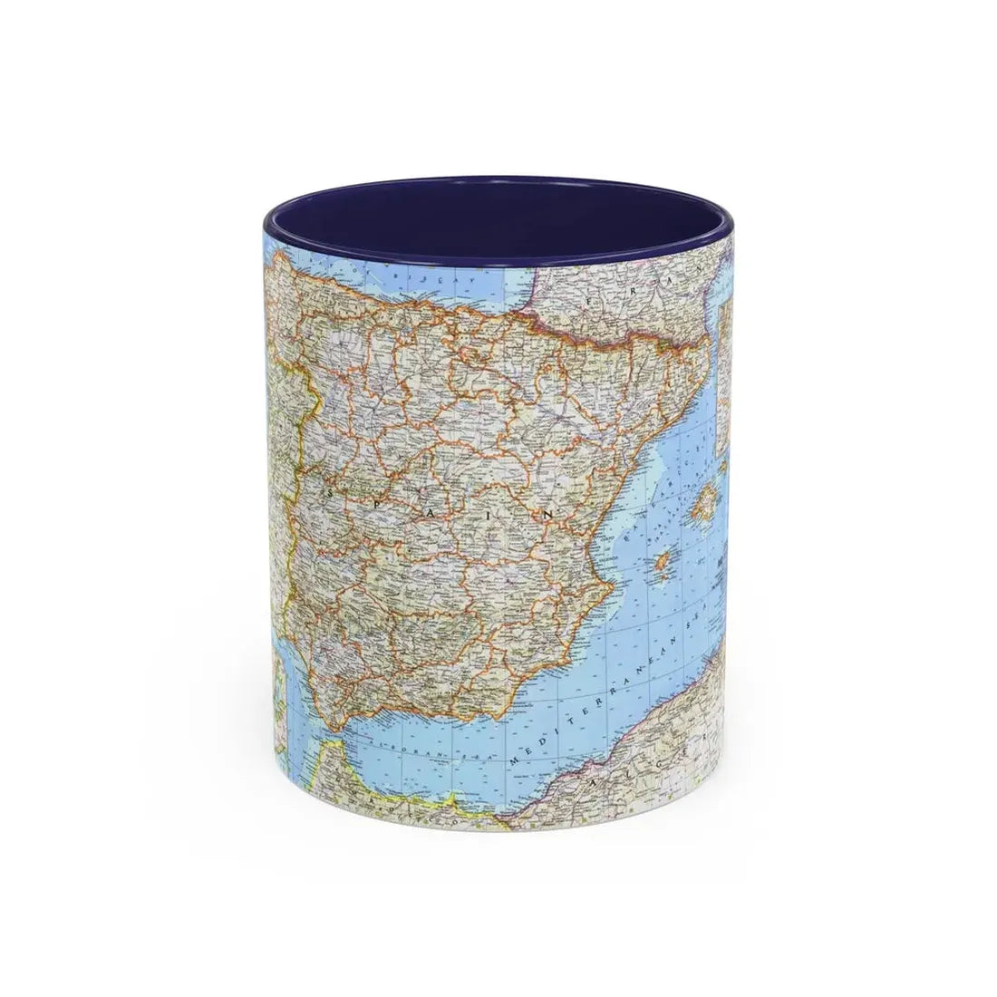 Spain and Portugal (1965) (Map) Accent Coffee Mug 11oz Navy - Go Mug Yourself
