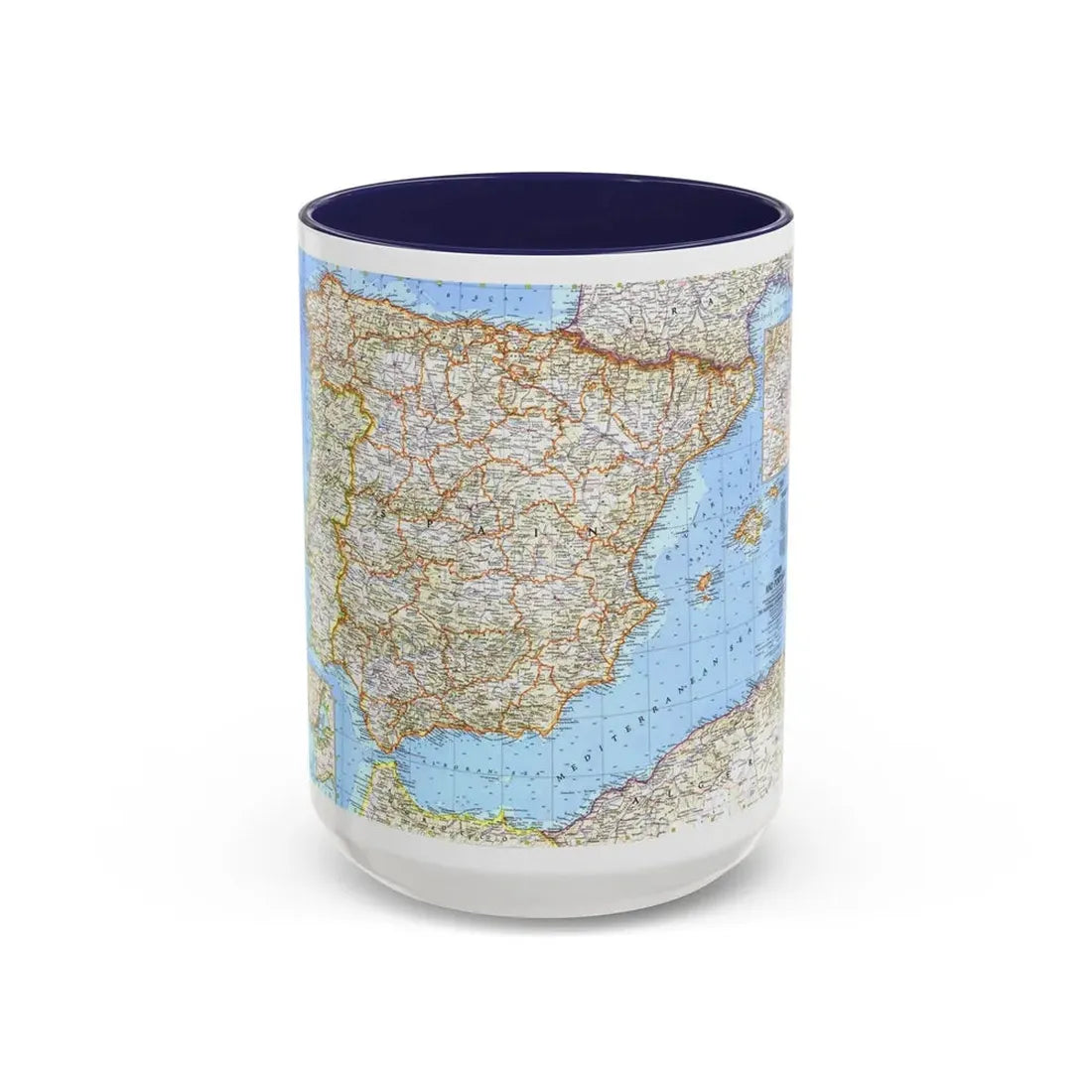 Spain and Portugal (1965) (Map) Accent Coffee Mug 15oz Navy - Go Mug Yourself