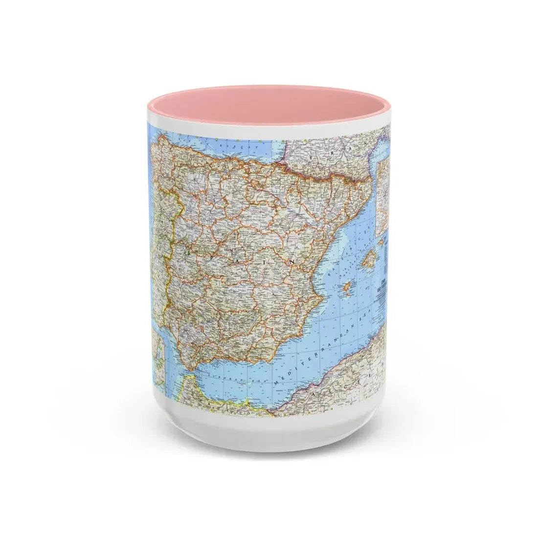 Spain and Portugal (1965) (Map) Accent Coffee Mug 15oz Pink - Go Mug Yourself