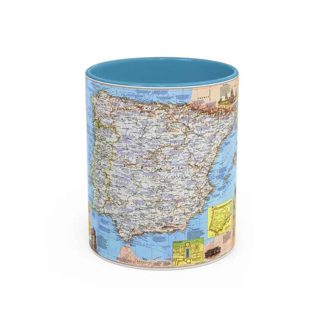 Spain and Portugal - A Traveller's Map 1 (1984) (Map) Accent Coffee Mug 11oz Light Blue - Go Mug Yourself
