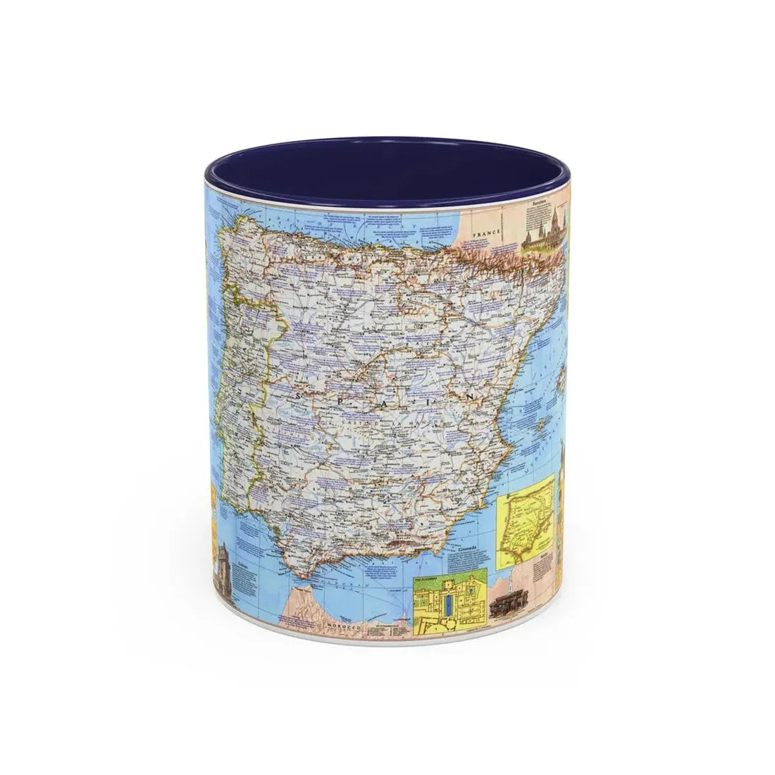 Spain and Portugal - A Traveller's Map 1 (1984) (Map) Accent Coffee Mug 11oz Navy - Go Mug Yourself