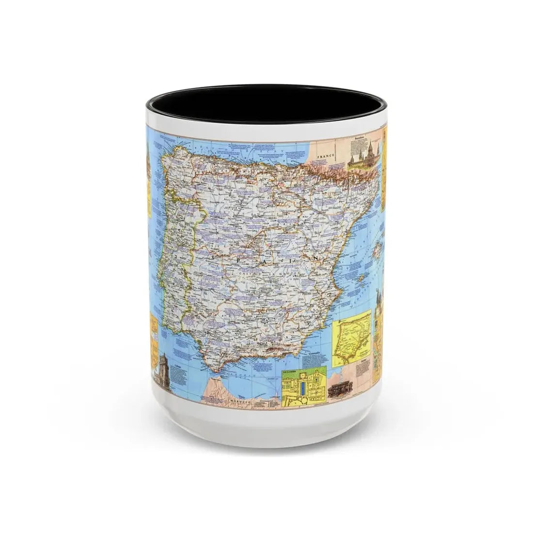 Spain and Portugal - A Traveller's Map 1 (1984) (Map) Accent Coffee Mug 15oz Black - Go Mug Yourself