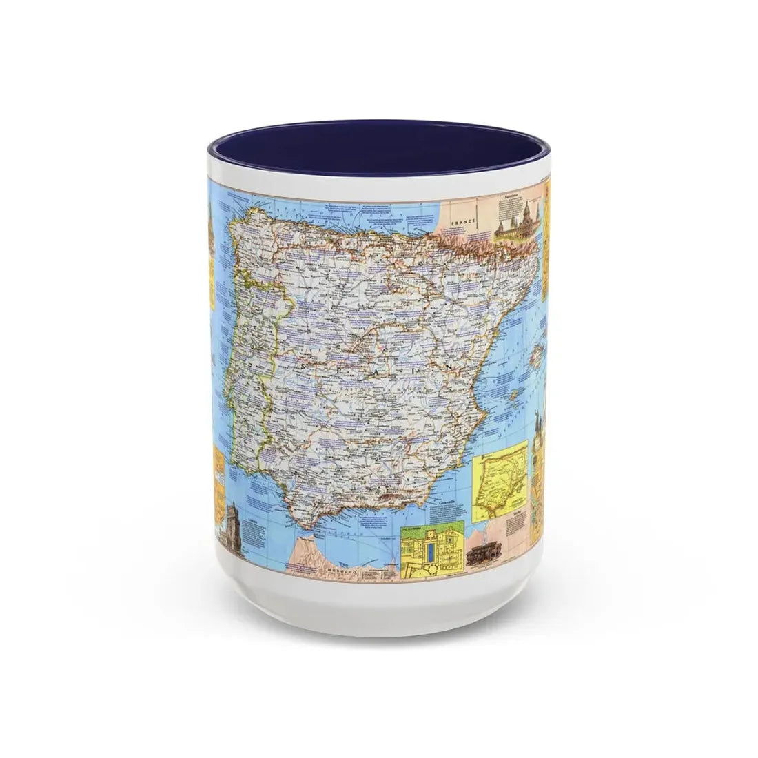 Spain and Portugal - A Traveller's Map 1 (1984) (Map) Accent Coffee Mug 15oz Navy - Go Mug Yourself