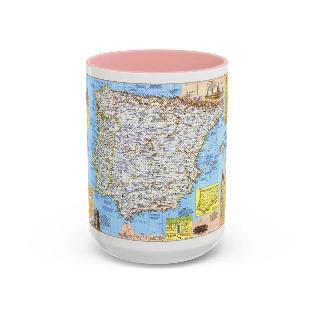 Spain and Portugal - A Traveller's Map 1 (1984) (Map) Accent Coffee Mug 15oz Pink - Go Mug Yourself