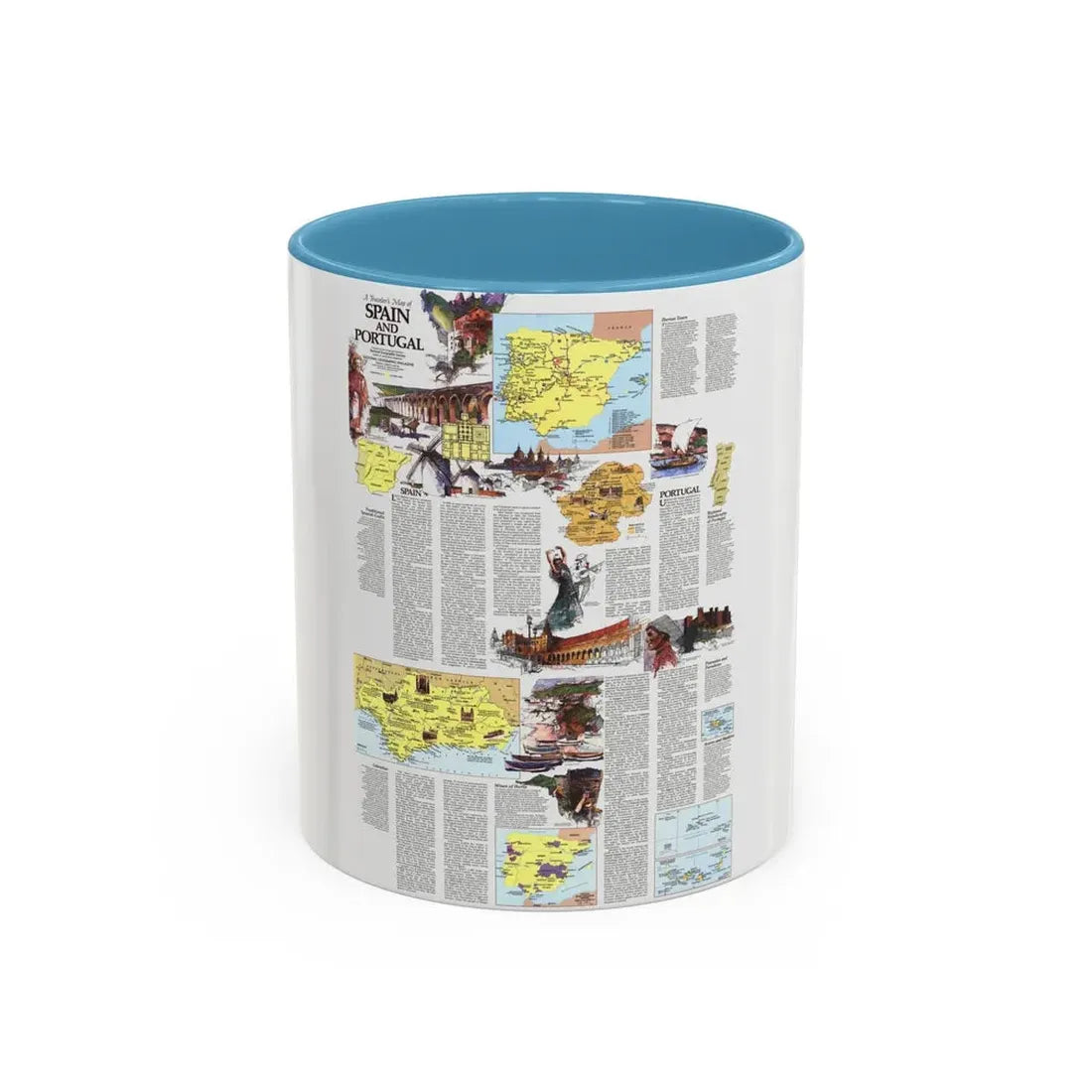 Spain and Portugal - A Traveller's Map 2 (1984) (Map) Accent Coffee Mug 11oz Light Blue - Go Mug Yourself