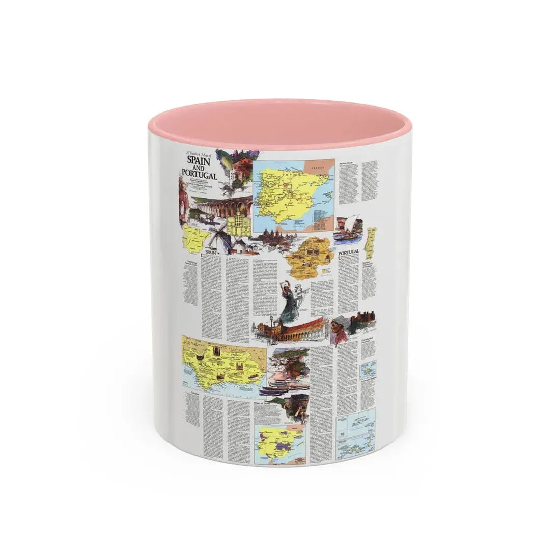 Spain and Portugal - A Traveller's Map 2 (1984) (Map) Accent Coffee Mug 11oz Pink - Go Mug Yourself