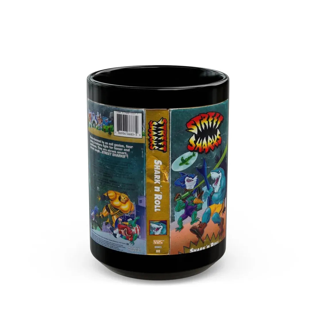 STREET SHARKS SHARK N ROLL (VHS COVER) - Black Coffee Mug 15oz - Go Mug Yourself