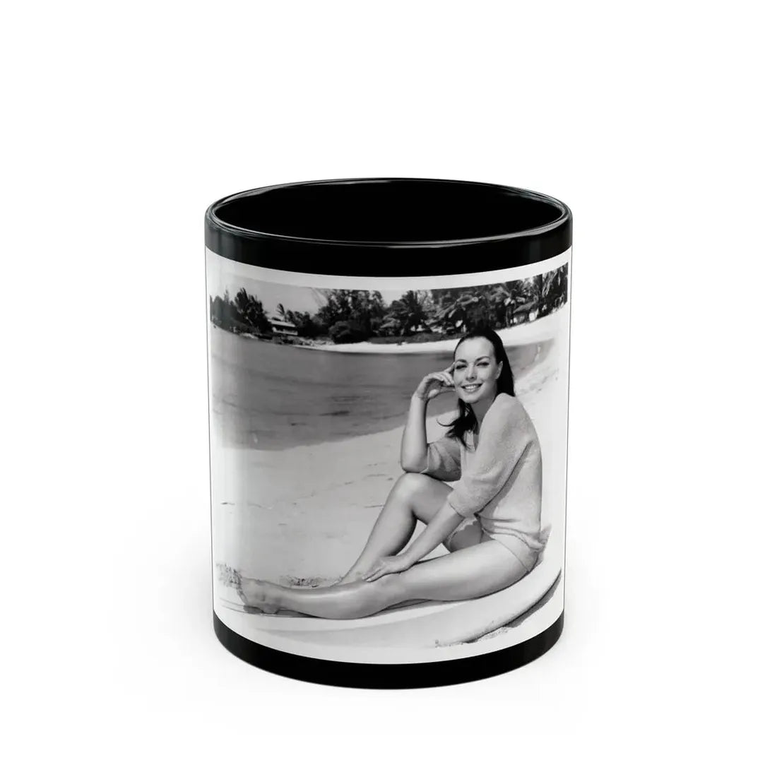 Susan Hart #17 - 8x10 B&W Cheesecake 2-Piece Swimsuit with Overshirt ''Ride The Wild Surf'' '64 Movie Promo Photo (Vintage Female Icon) Black Coffee Mug 11oz - Go Mug Yourself