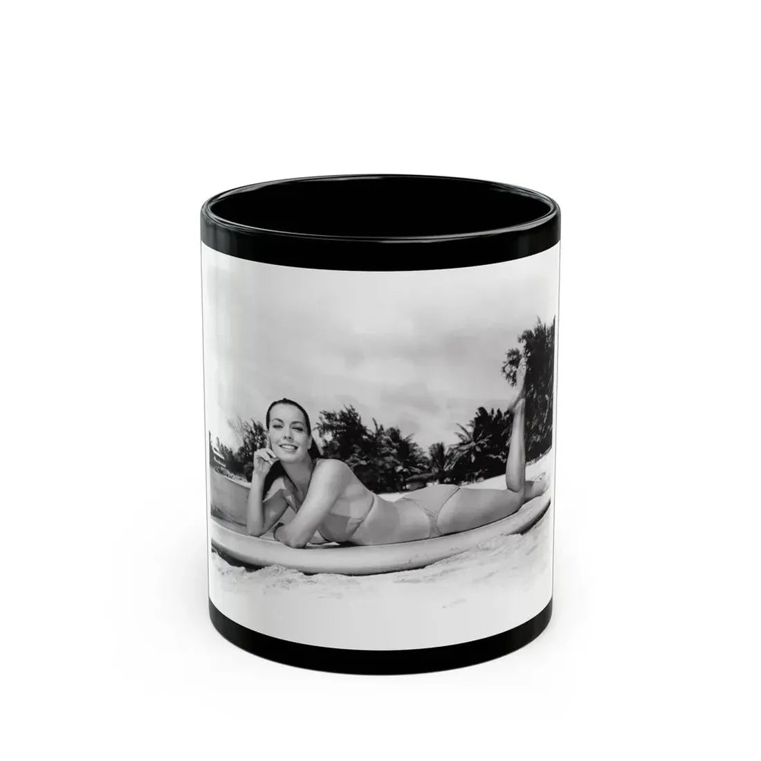Susan Hart #18 - 8x10 B&W Cheesecake 2-Piece Swimsuit ''Ride The Wild Surf'' '64 Movie Promo Photo (Vintage Female Icon) Black Coffee Mug 11oz - Go Mug Yourself