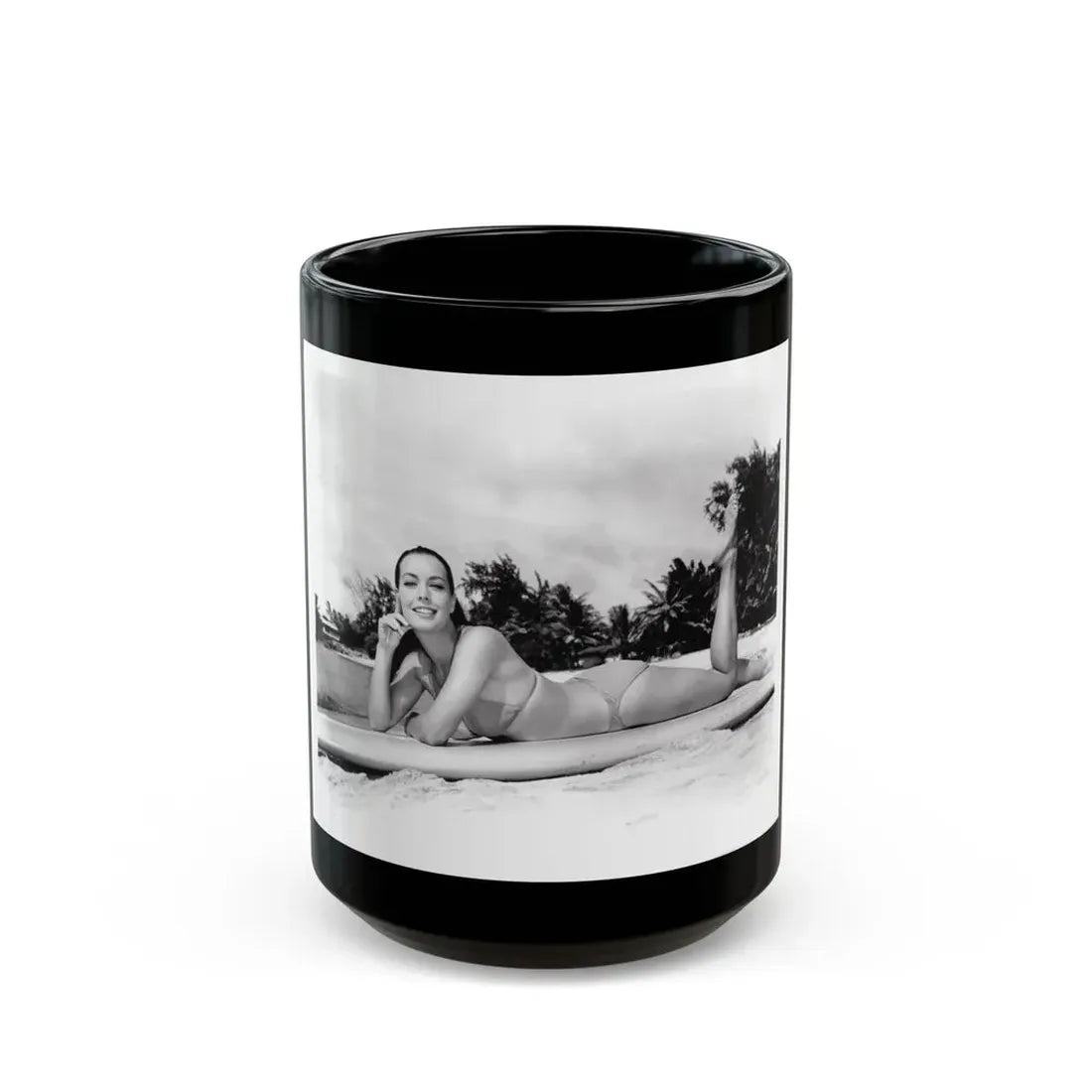 Susan Hart #18 - 8x10 B&W Cheesecake 2-Piece Swimsuit ''Ride The Wild Surf'' '64 Movie Promo Photo (Vintage Female Icon) Black Coffee Mug 15oz - Go Mug Yourself