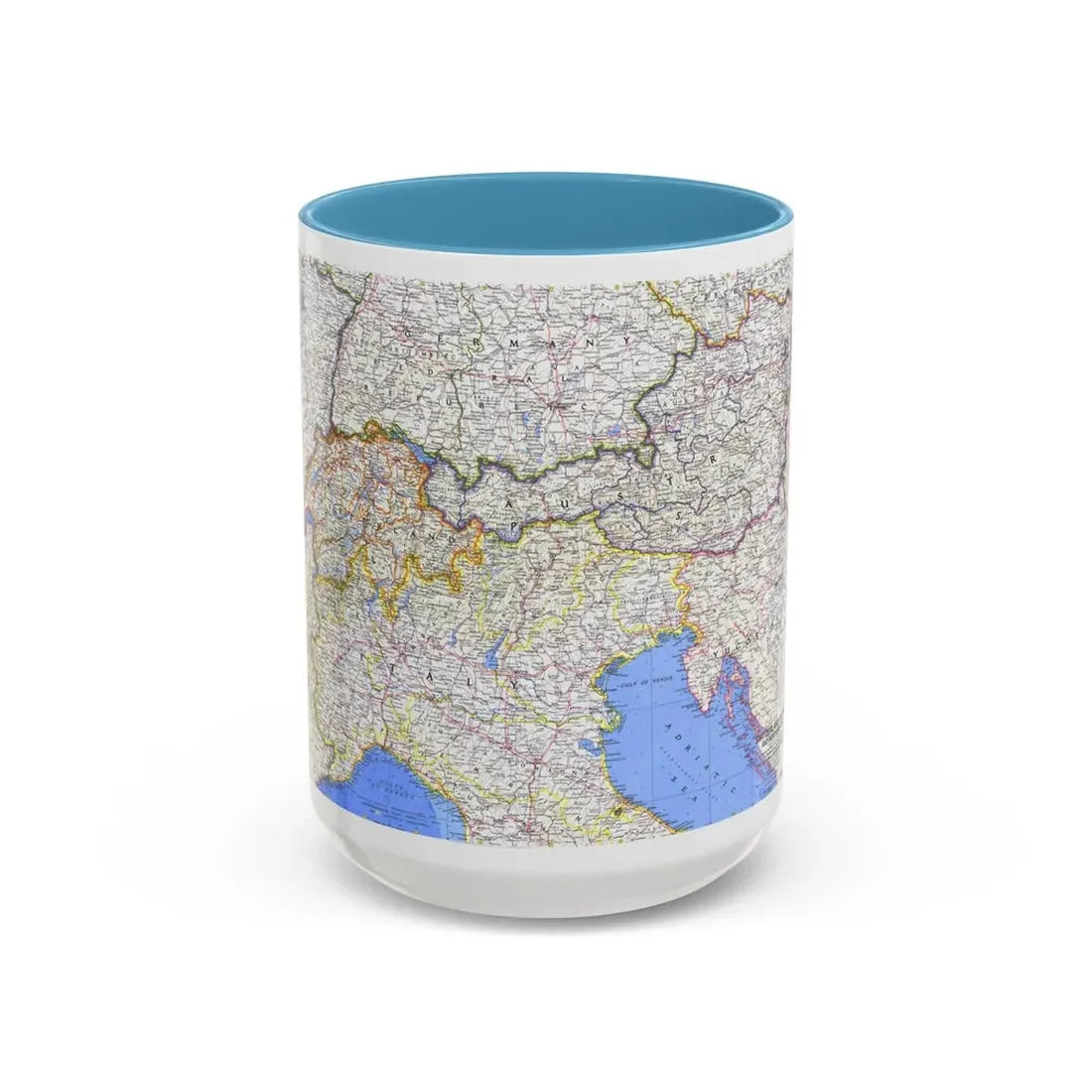 Switzerland, Austria, and Northern Italy (1965) (Map) Accent Coffee Mug 15oz Light Blue - Go Mug Yourself
