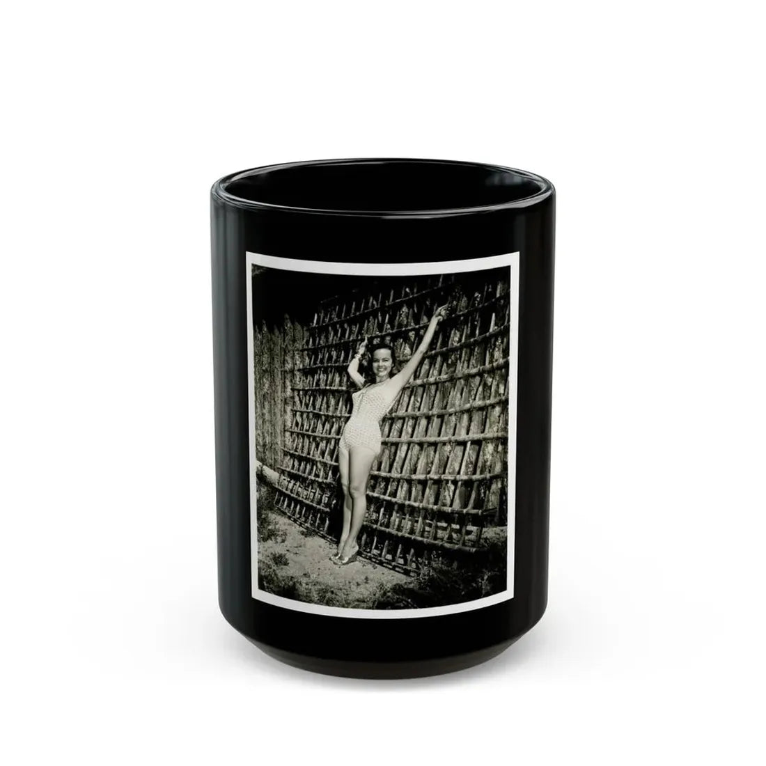 Terry Moore #112 - 1-Piece B&W Full Body Swimsuit Cheesecake Photo in Clad Heels (Vintage Female Icon) Black Coffee Mug 15oz - Go Mug Yourself