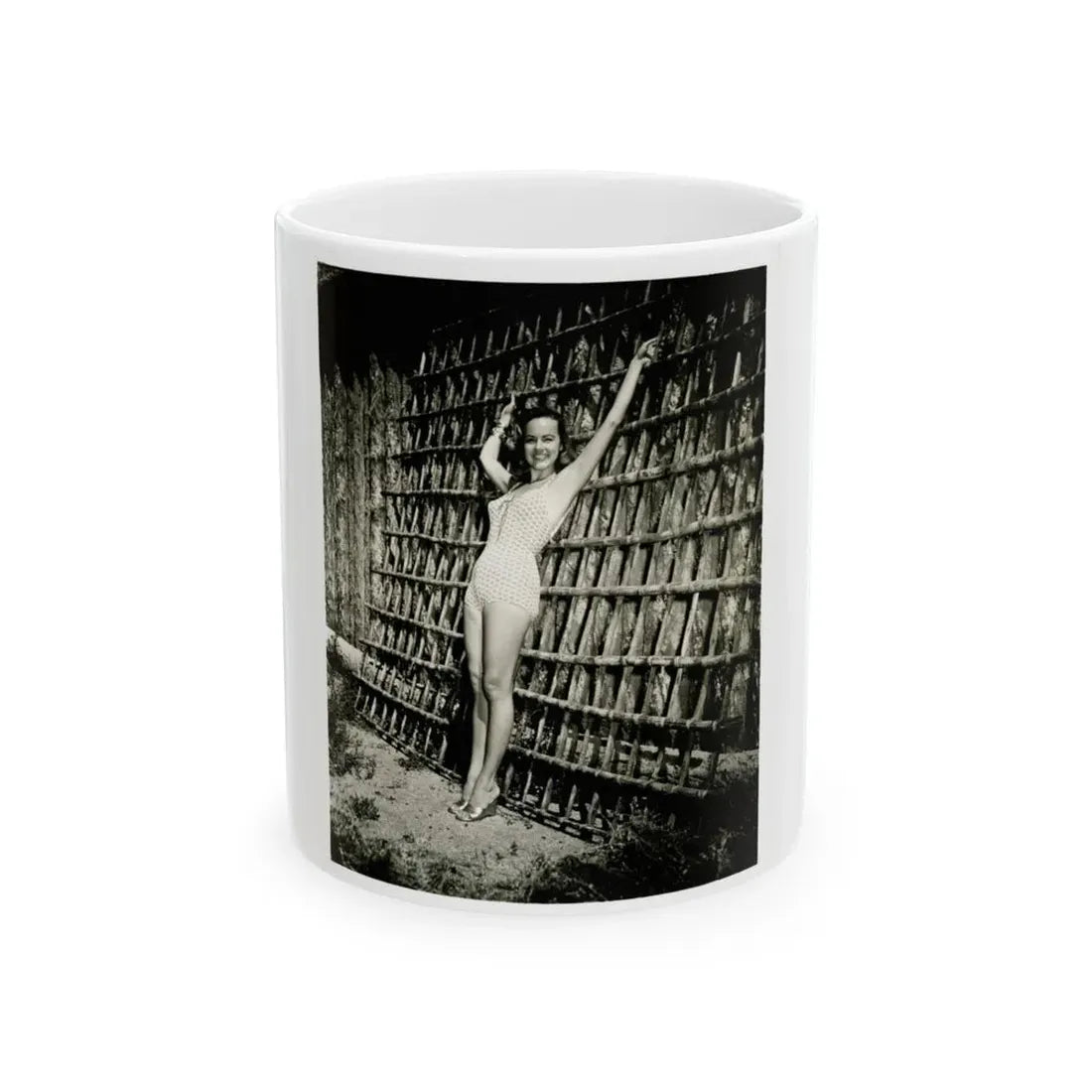 Terry Moore #112 - 1-Piece B&W Full Body Swimsuit Cheesecake Photo in Clad Heels (Vintage Female Icon) White Coffee Mug 11oz - Go Mug Yourself