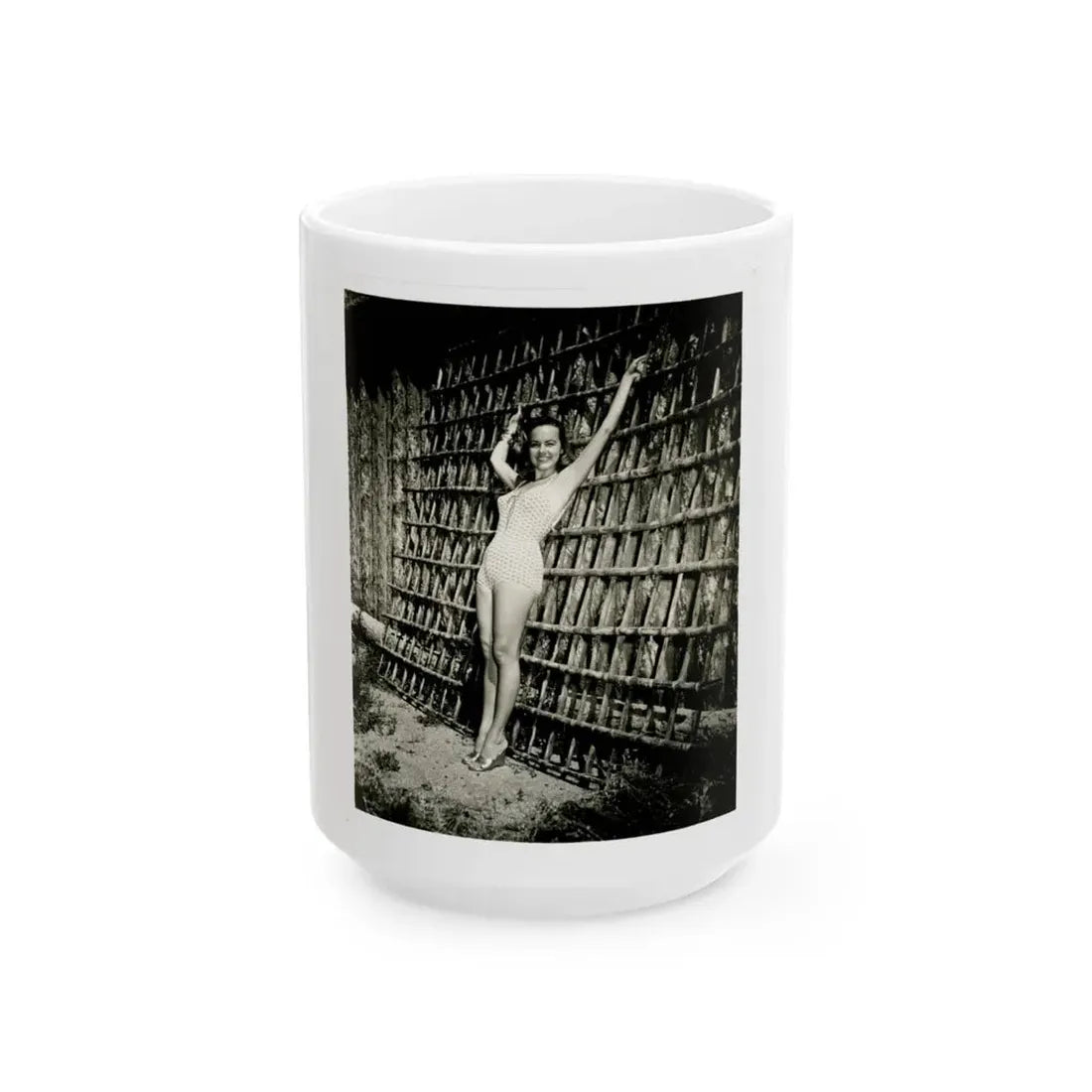 Terry Moore #112 - 1-Piece B&W Full Body Swimsuit Cheesecake Photo in Clad Heels (Vintage Female Icon) White Coffee Mug 15oz - Go Mug Yourself