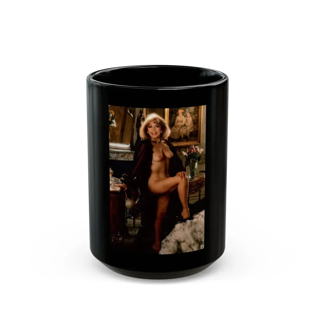 Terry Moore #402 - Unreleased Aug. '84 Playboy Photo from shoot topless in lingerie & black heels (Vintage Female Icon) Black Coffee Mug 15oz - Go Mug Yourself