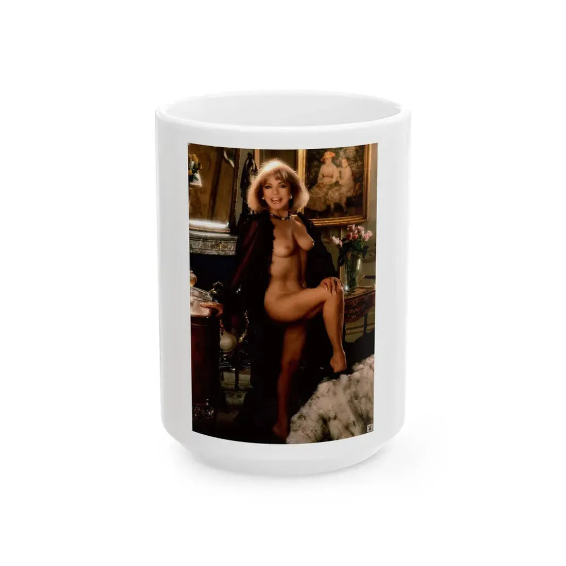 Terry Moore #402 - Unreleased Aug. '84 Playboy Photo from shoot topless in lingerie & black heels (Vintage Female Icon) White Coffee Mug 15oz - Go Mug Yourself