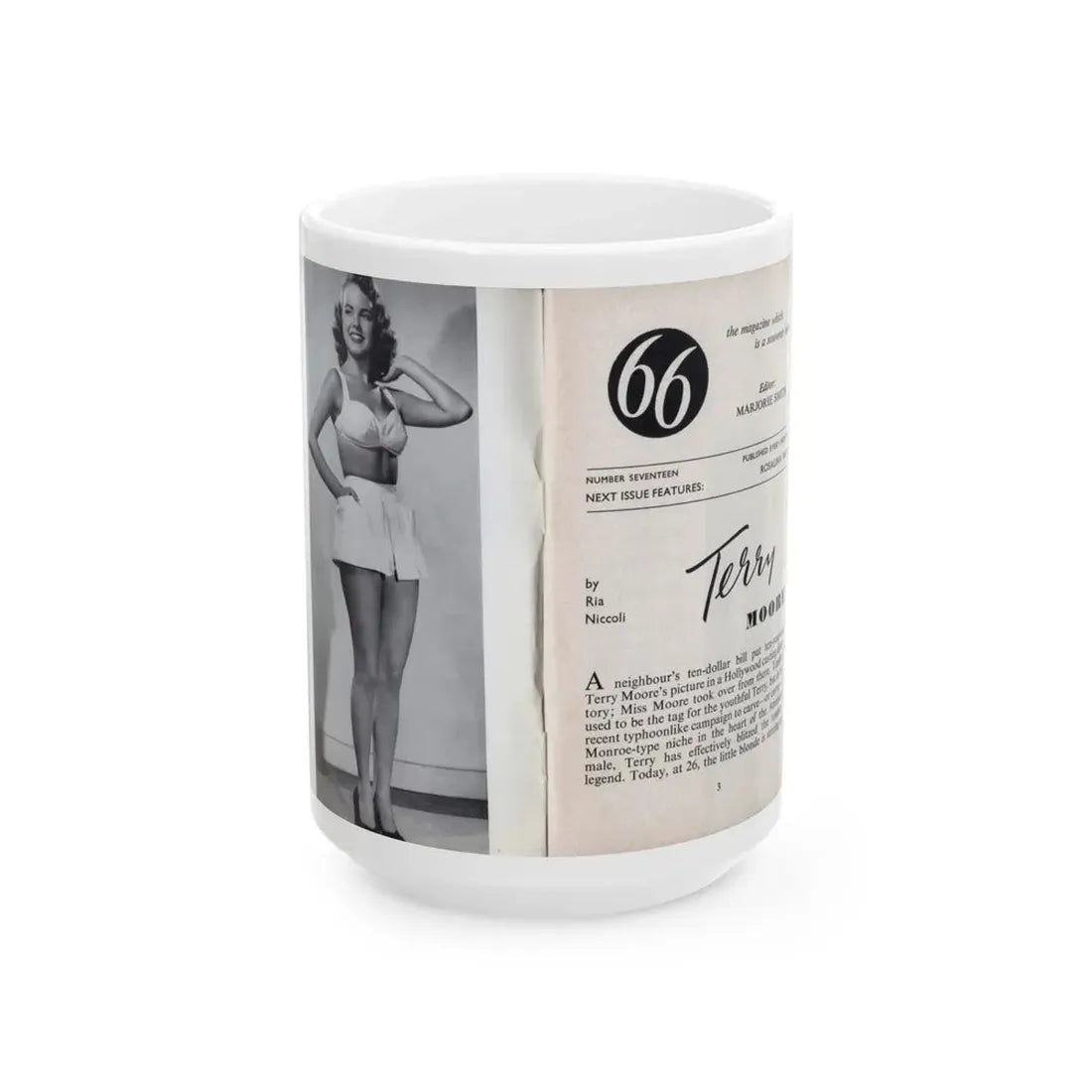 Terry Moore #436 - 66 PHTOTOGRAPHS OF Terry MOORE U.K. Pocket Mag. Inside Front Cover Pages 2 & 3 (Vintage Female Icon) White Coffee Mug 15oz - Go Mug Yourself