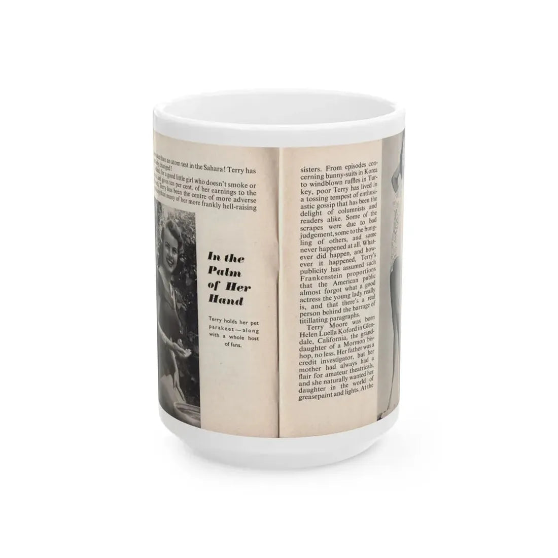 Terry Moore #437 - 66 PHOTOGRAPHS OF Terry MOORE U.K. Pocket Mag. Pages 4 & 5 (Vintage Female Icon) White Coffee Mug 15oz - Go Mug Yourself