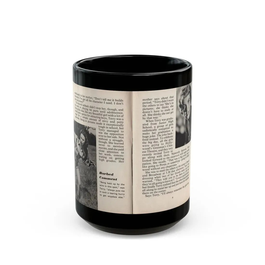 Terry Moore #439 - 66 PHOTOGRAPHS OF Terry MOORE U.K. Pocket Mag. Pages 8 & 9 (Vintage Female Icon) Black Coffee Mug 15oz - Go Mug Yourself