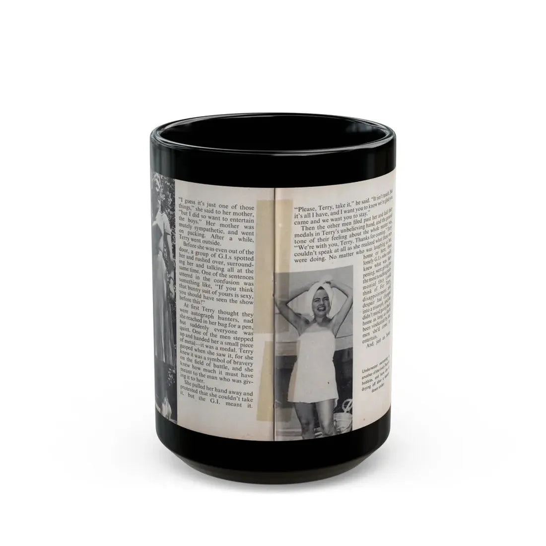 Terry Moore #453 - 66 PHOTOGRAPHS OF Terry MOORE U.K. Pocket Mag. Pages 36 & 37 (Vintage Female Icon) Black Coffee Mug 15oz - Go Mug Yourself