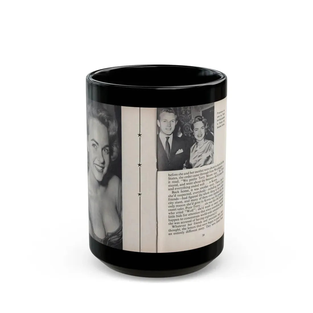 Terry Moore #454 - 66 PHOTOGRAPHS OF Terry MOORE U.K. Pocket Mag. Pages 38 & 39 (Vintage Female Icon) Black Coffee Mug 15oz - Go Mug Yourself
