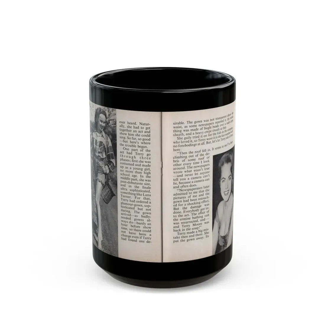 Terry Moore #456 - 66 PHOTOGRAPHS OF Terry MOORE U.K. Pocket Mag. Pages 42 & 43 (Vintage Female Icon) Black Coffee Mug 15oz - Go Mug Yourself