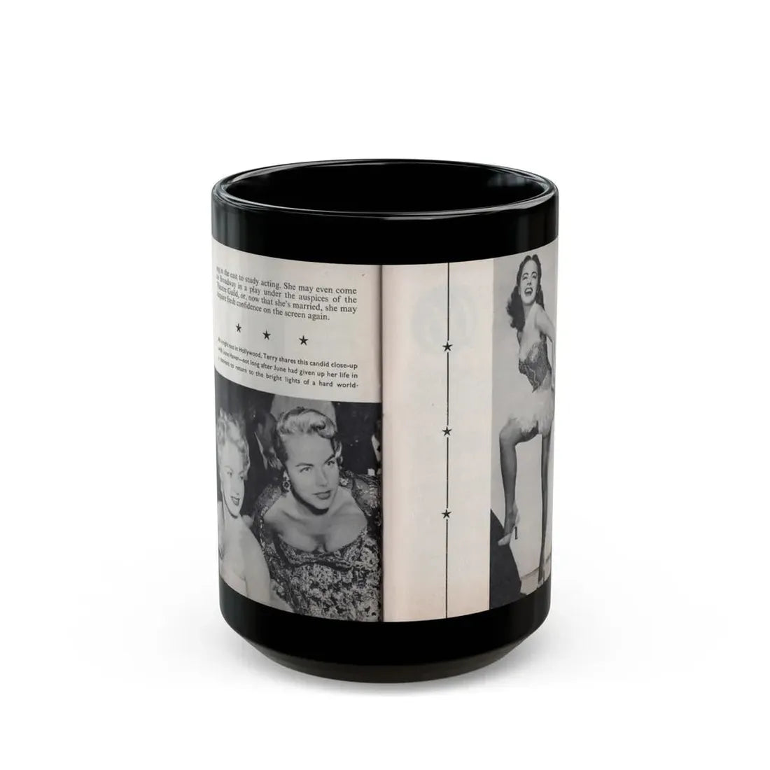 Terry Moore #465 - 66 PHOTOGRAPHS OF Terry MOORE U.K. Pocket Mag. Pages 60 & 61 (Vintage Female Icon) Black Coffee Mug 15oz - Go Mug Yourself