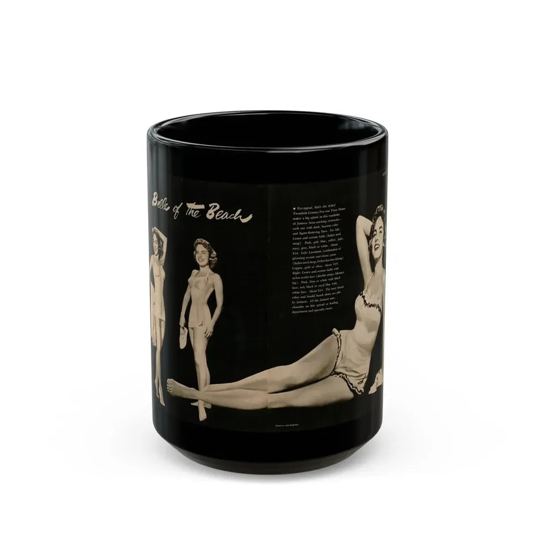Terry Moore #588 - 10.5x14 Modern Screen '54 Magazine 2 Pages 1 Centerfold B&W Pin-Up plus 2 small ones (Vintage Female Icon) Black Coffee Mug 15oz - Go Mug Yourself