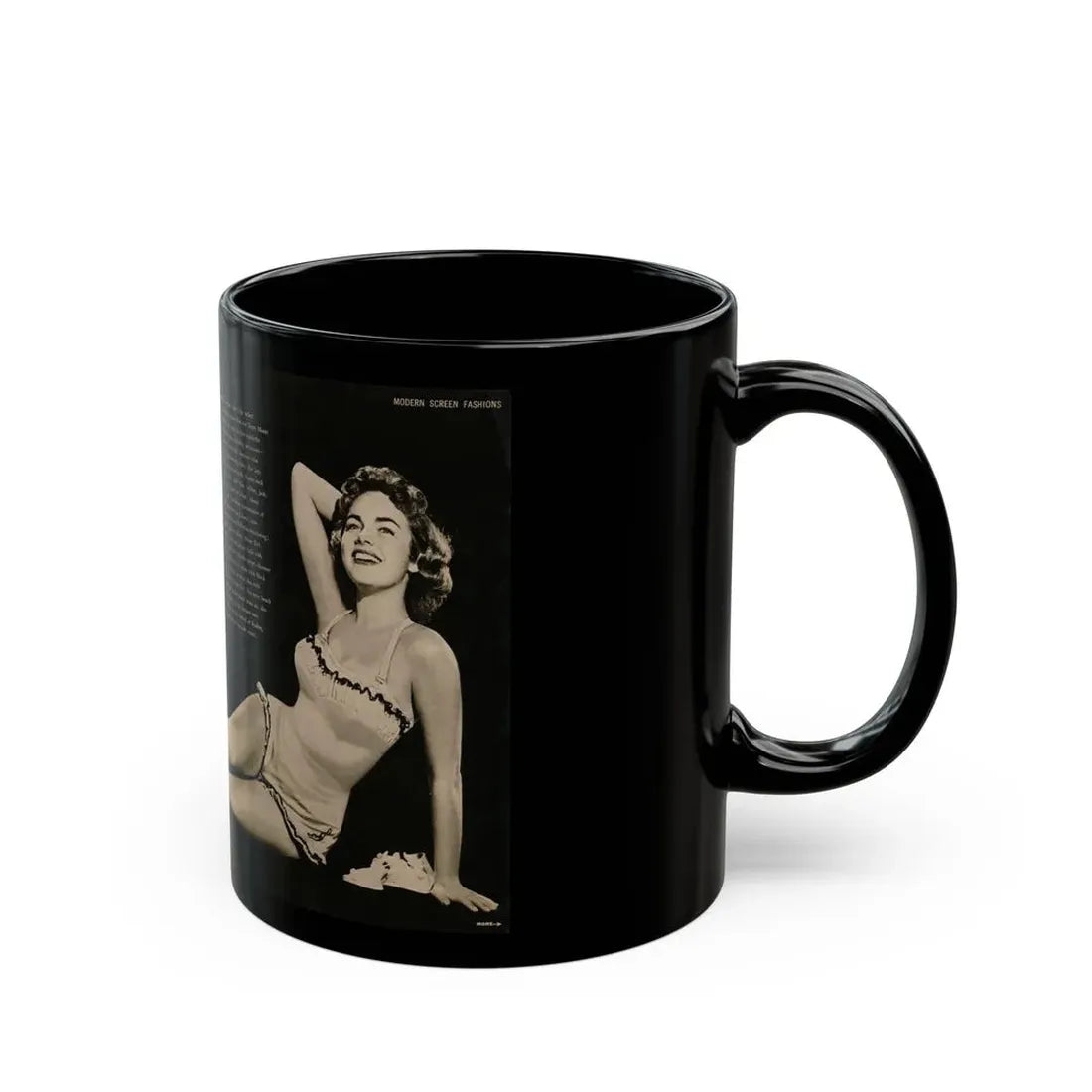Terry Moore #588 - 10.5x14 Modern Screen '54 Magazine 2 Pages 1 Centerfold B&W Pin-Up plus 2 small ones (Vintage Female Icon) Black Coffee Mug - Go Mug Yourself