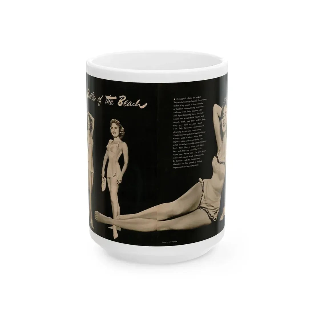 Terry Moore #588 - 10.5x14 Modern Screen '54 Magazine 2 Pages 1 Centerfold B&W Pin-Up plus 2 small ones (Vintage Female Icon) White Coffee Mug 15oz - Go Mug Yourself