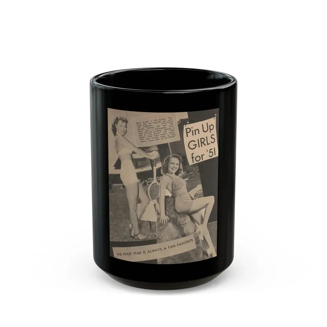 Terry Moore #648 - 8x10.5 B&W Magazine Pin-Up from 1951 with, Rhonda Fleming on the left (Vintage Female Icon) Black Coffee Mug 15oz - Go Mug Yourself