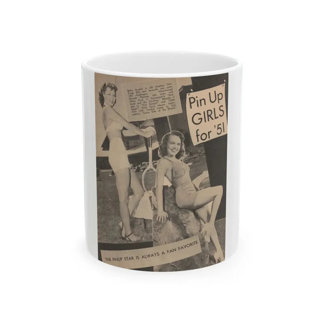 Terry Moore #648 - 8x10.5 B&W Magazine Pin-Up from 1951 with, Rhonda Fleming on the left (Vintage Female Icon) White Coffee Mug 11oz - Go Mug Yourself