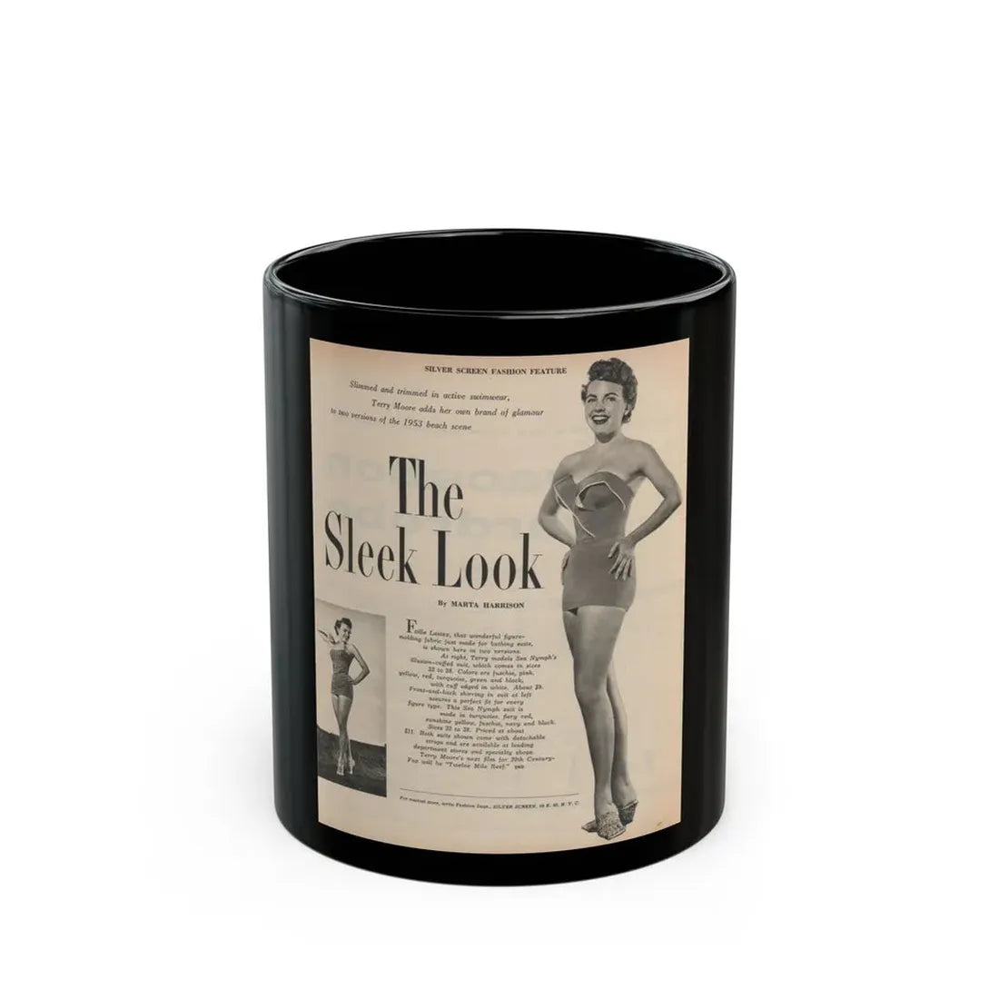 Terry Moore #650 - 8x10.5 Magazine Pin-Up Page with, 1 B&W Small Left Photo & Right large B&W Photo (Vintage Female Icon) Black Coffee Mug 11oz - Go Mug Yourself