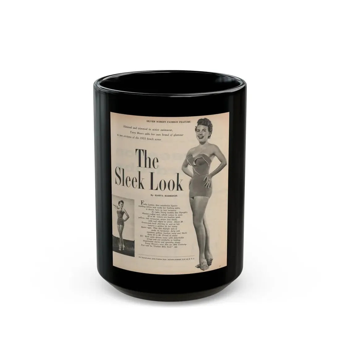 Terry Moore #650 - 8x10.5 Magazine Pin-Up Page with, 1 B&W Small Left Photo & Right large B&W Photo (Vintage Female Icon) Black Coffee Mug 15oz - Go Mug Yourself