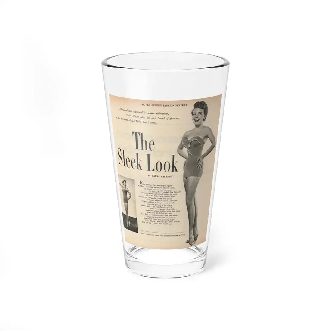 Terry Moore #650 - 8x10.5 Magazine Pin-Up Page with, 1 B&W Small Left Photo & Right large B&W Photo (Vintage Female Icon) Pint Glass 16oz 16oz - Go Mug Yourself