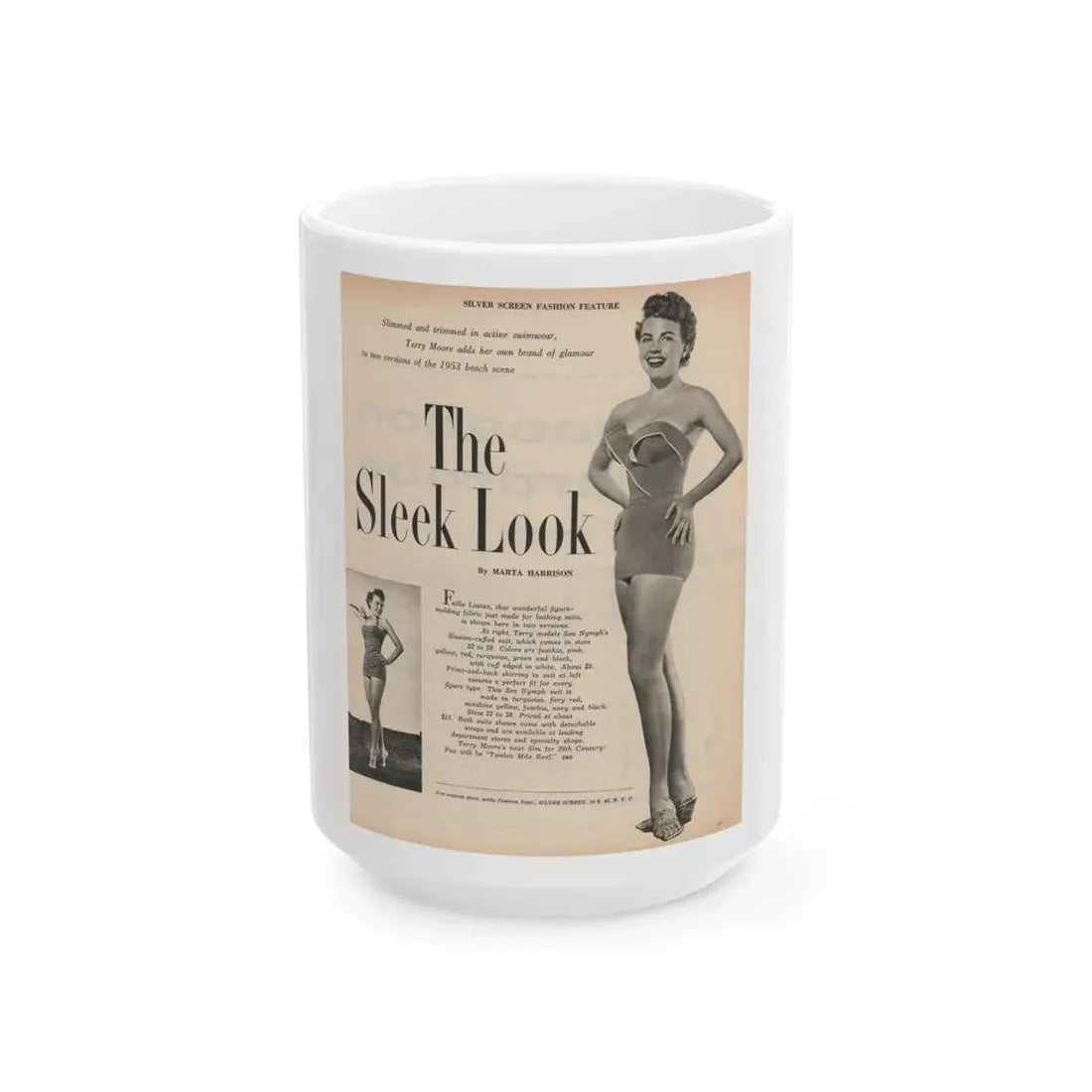 Terry Moore #650 - 8x10.5 Magazine Pin-Up Page with, 1 B&W Small Left Photo & Right large B&W Photo (Vintage Female Icon) White Coffee Mug 15oz - Go Mug Yourself