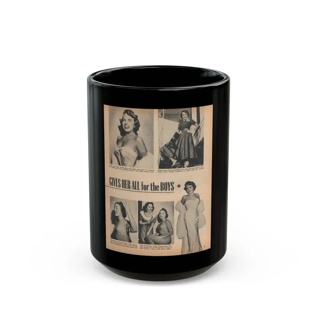 Terry Moore #658 - 8x10 Circa 50's Magzine Page with, 5 Small B&W Photos & Captions (Vintage Female Icon) Black Coffee Mug 15oz - Go Mug Yourself