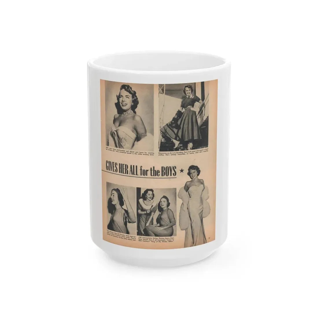 Terry Moore #658 - 8x10 Circa 50's Magzine Page with, 5 Small B&W Photos & Captions (Vintage Female Icon) White Coffee Mug 15oz - Go Mug Yourself