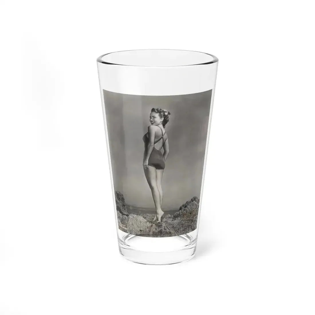 Terry Moore #702 - 1-Piece B&W Full Body Barefoot Swimsuit Cheesecake Vintage Photo from 12-28-53 (Vintage Female Icon) Pint Glass 16oz 16oz - Go Mug Yourself
