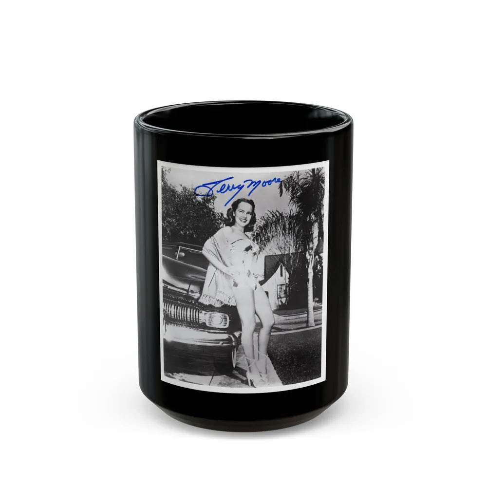 Terry Moore #703 - 8x10 1-Piece Swimsuit B&W Cheesecake Vintage Pin-Up Photo from Early 50's Autographed (Vintage Female Icon) Black Coffee Mug-15oz-Go Mug Yourself
