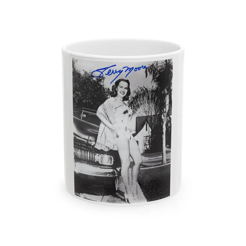Terry Moore #703 - 8x10 1-Piece Swimsuit B&W Cheesecake Vintage Pin-Up Photo from Early 50's Autographed (Vintage Female Icon) White Coffee Mug-11oz-Go Mug Yourself