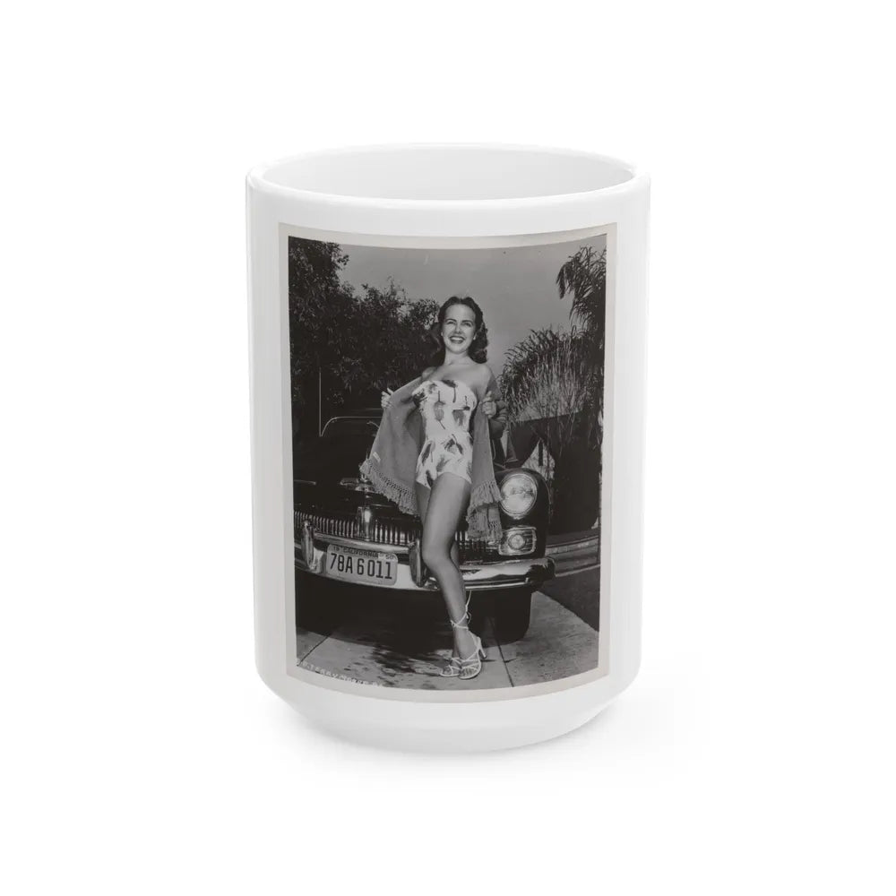 Terry Moore #704 - 8x10 1-Piece Swimsuit B&W Cheesecake Vintage Pin-Up Photo from Early 50's (Vintage Female Icon) White Coffee Mug-15oz-Go Mug Yourself
